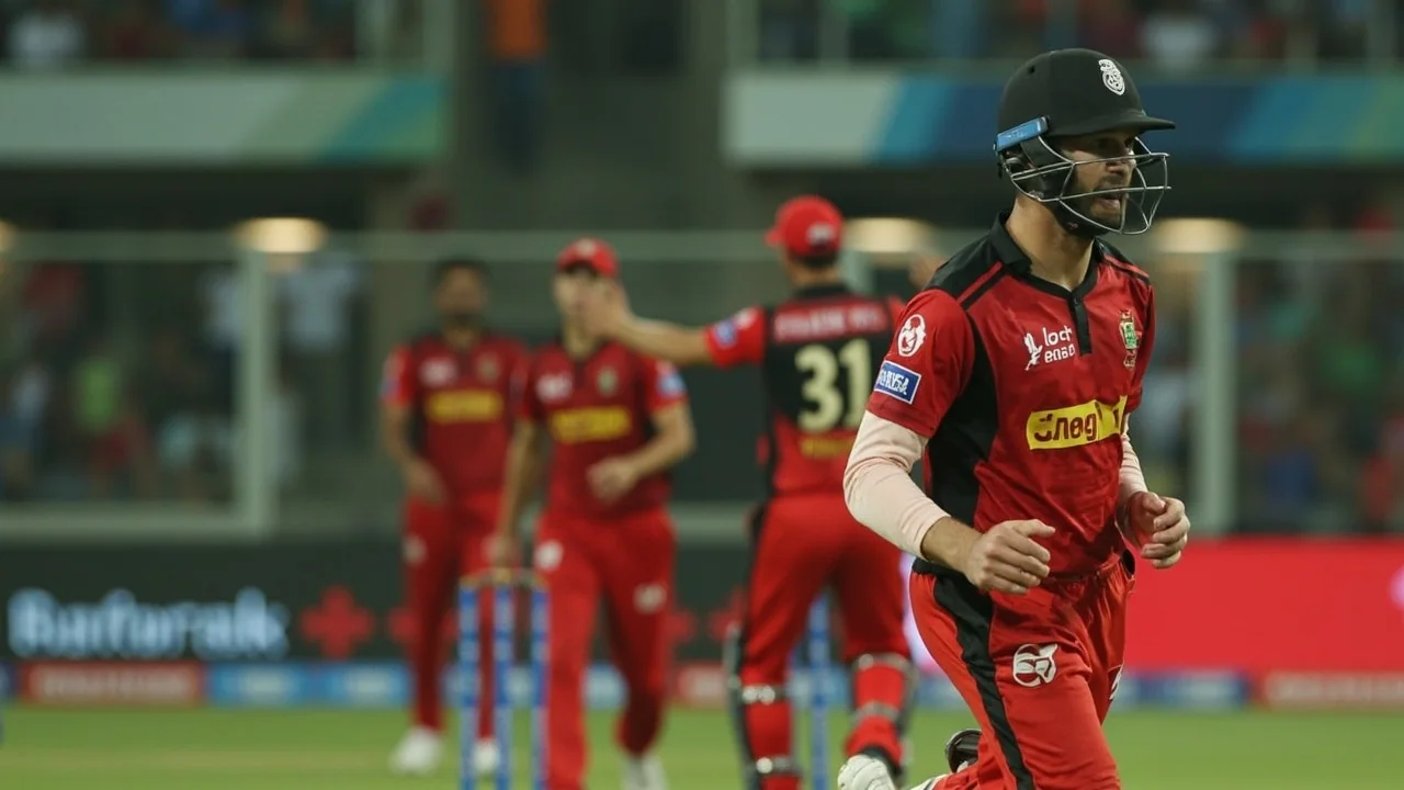 Players in a tight tactical huddle near the pitch during a T20 World Cup fixture, mid-over discussion